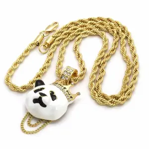 14k Gold Plated Crowned Panda Pendant with Cubic Zirconia 30-Inch Rope Chain 4mm Width Fashionable Jewelry Accessory