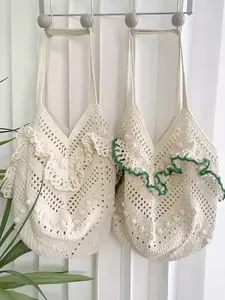 Minimalist handmade crocheted tote bag with wave lace decoration, hollowed out woven texture, large capacity shoulder bag, forest style fresh style, Fashionable Bohemian Bag, versatile item for daily commuting and outdoor activities, Minimalist Casual Bag