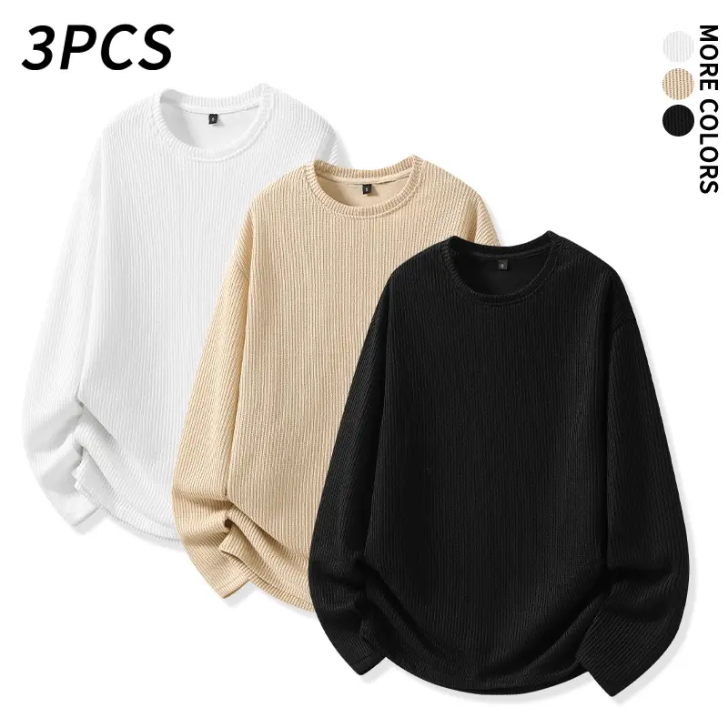 3 pcs waffle knit crewneck long sleeve tops, soft and breathable, Loose-Fit with a curved hem, bestselling multi piece set, wardrobe essential, suitable for layering, campus wear, everyday outings, and casual streetwear