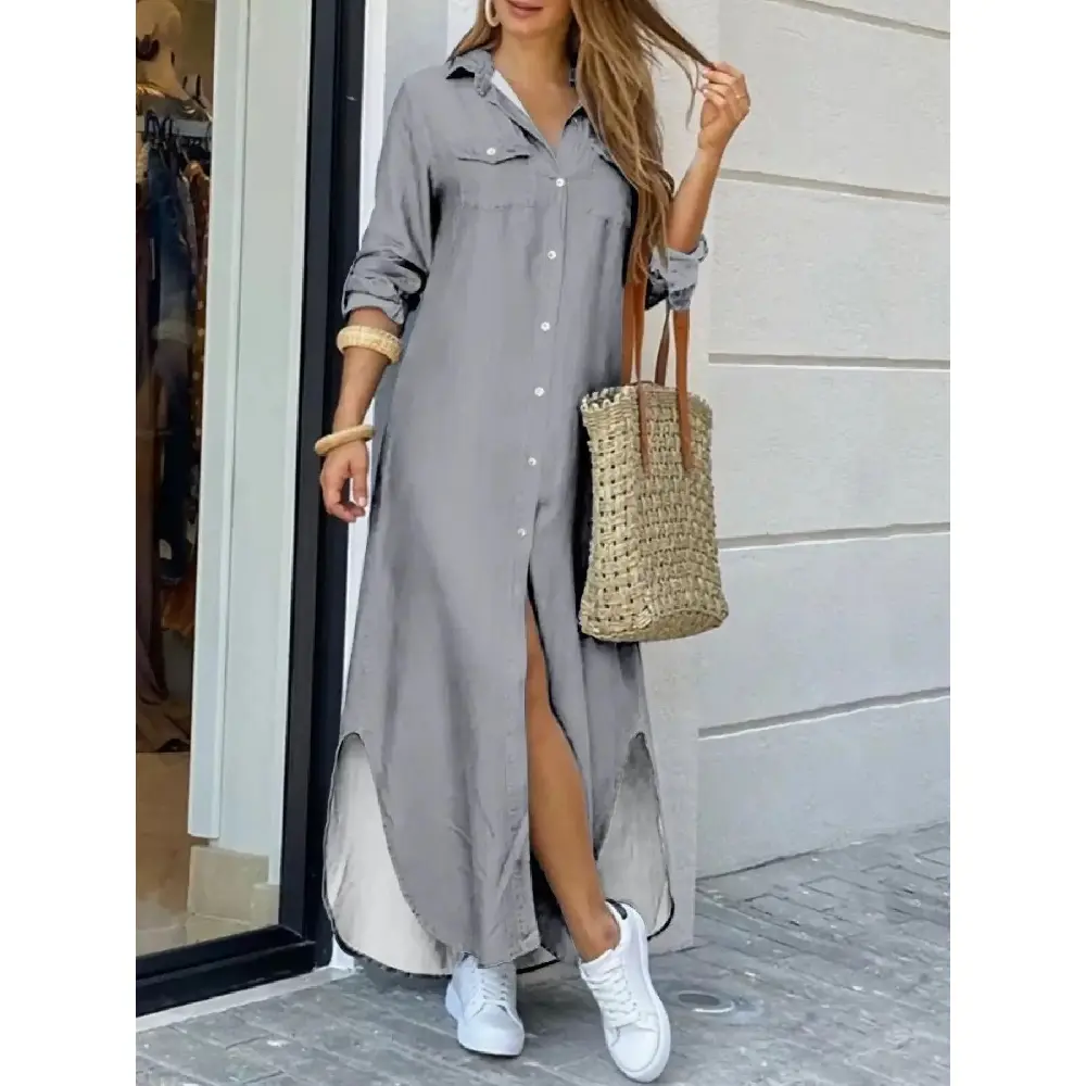 Women's Fitted Solid-Color Collared Long Split Full-Length Casual Dress - 2026 Polo Collar, Single-Breasted Button Placket, Suitable for Spring-Autumn, Daily Commuting Clothes, Full-Length Casual Dresses