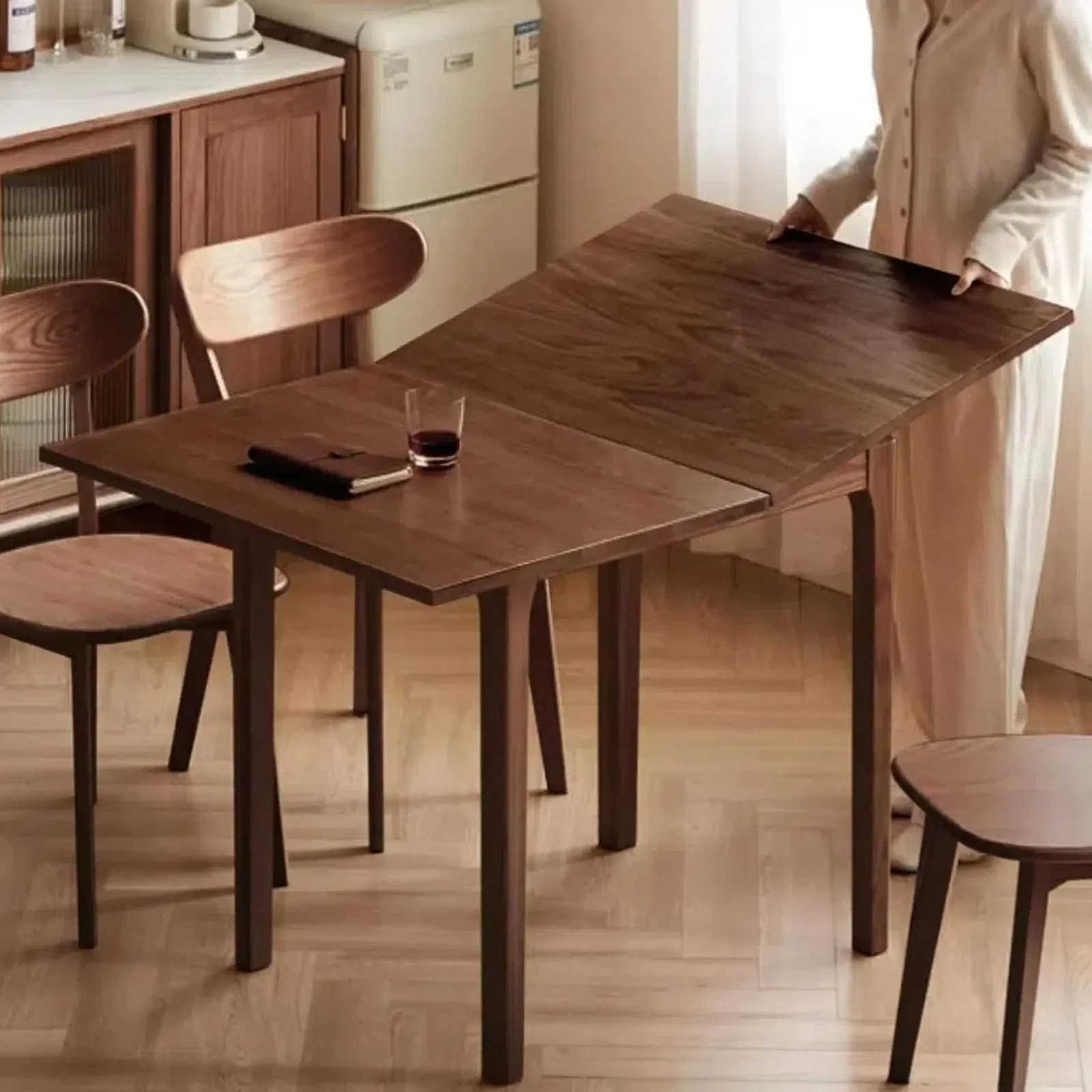 YESWOOD Foldable Dining Table for 4, 100% Solid Wood Foldable Desk with Oak Wood Legs, Modern Dinner Table for Dining Room, Living Room, Kitchen, Small Space
