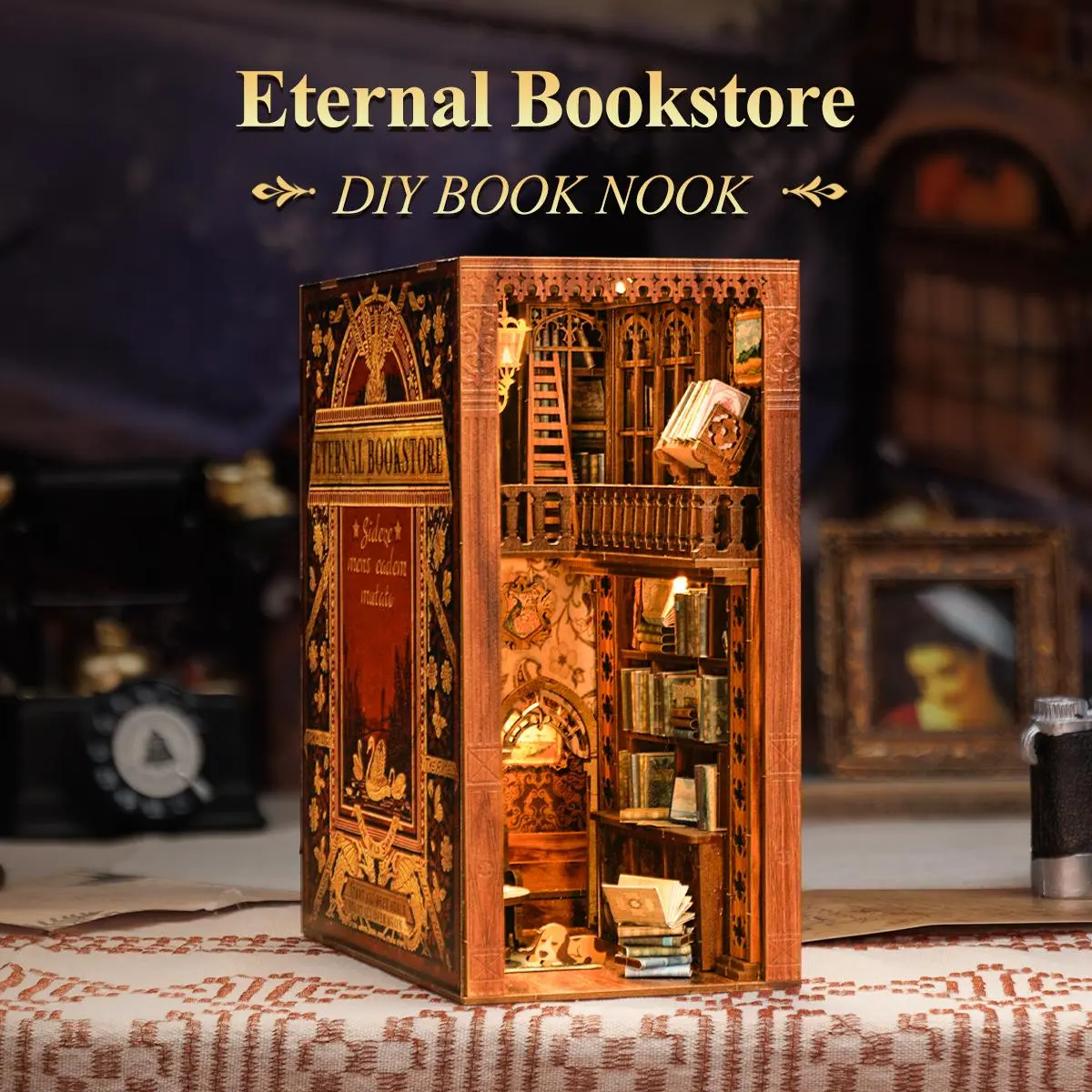CUTEBEE Eternal Bookstore Black Friday DIY Wooden Doll House Kit - Miniature Set with LED Light, Classic Design, AAA Battery-Operated, Unisex, Home Decoration, Ideal Gift for Adults & Teens