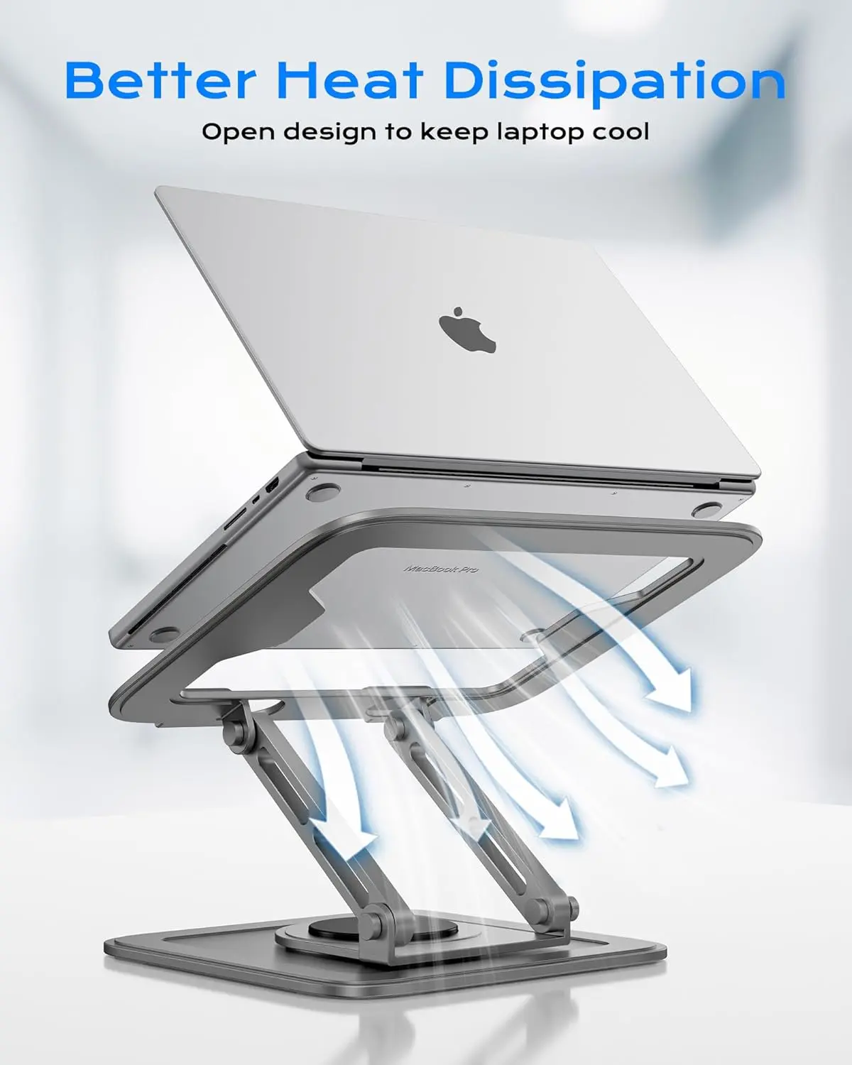 360° Swivel Base Laptop Riser Stand, Foldable Lightweight Fiber‑Metal Computer Holder, Ergonomic Adjustable Height, Non‑Slip Support for Desk, Travel, Fits 10‑16 Inch Laptops