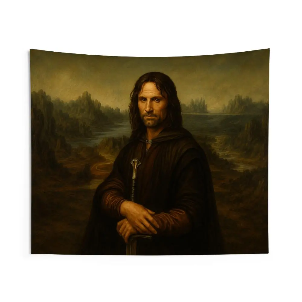 Mona Aragorn Lisa Meme Tapestry – Funny Medieval LOTR Inspired Wall Art, Dark Fantasy Aesthetic Room Decor