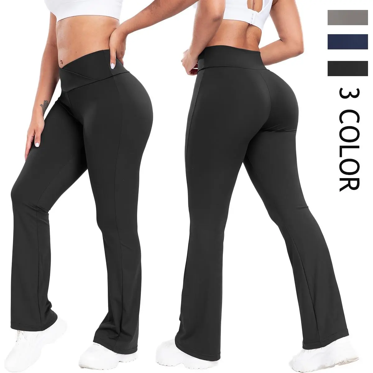 Women's High-Waist Sports Leggings - Elastic Waist, Tummy Control, Stretchy Soft Seamless Flare Yoga Bottoms for Training & Casual Running (All-Seasons Solid Color), Elastic Waist Leggings