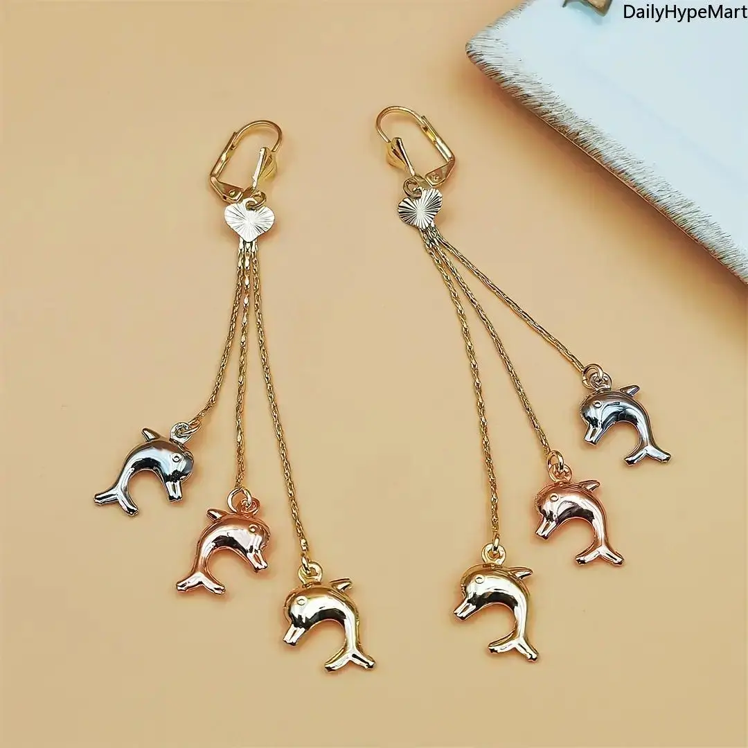 Copper Animal Tassel Dangling Earrings with Elephant & Dolphin Charms, Funky Unisex Jewelry for Daily Wear and Anniversary Gifts, Drop Earrings, Everyday