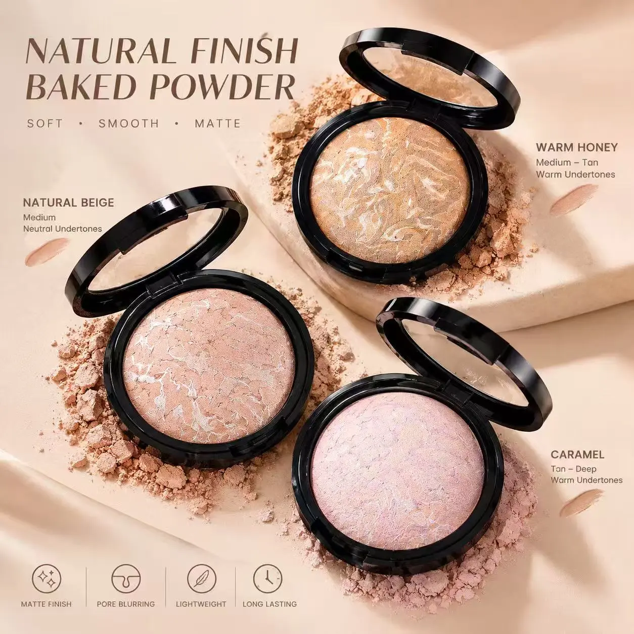 Baked Cosmetic Compact Powder - Single Item, Oil-Free, No Shine, All Skin Types, Soft Matte Finish, Smooth, Blendable, Lightweight Setting Powder, Flawless Makeup, 24 Months Long-Lasting Wear, Daily Care, On-the-Go Touch-Ups