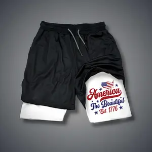 USA 250th Anniversary 80s 90s Double-Layer Sports Shorts Graphic Shorts Black Camo Streetwear Shorts Men Outfits Men Vacation Outfits Shorts