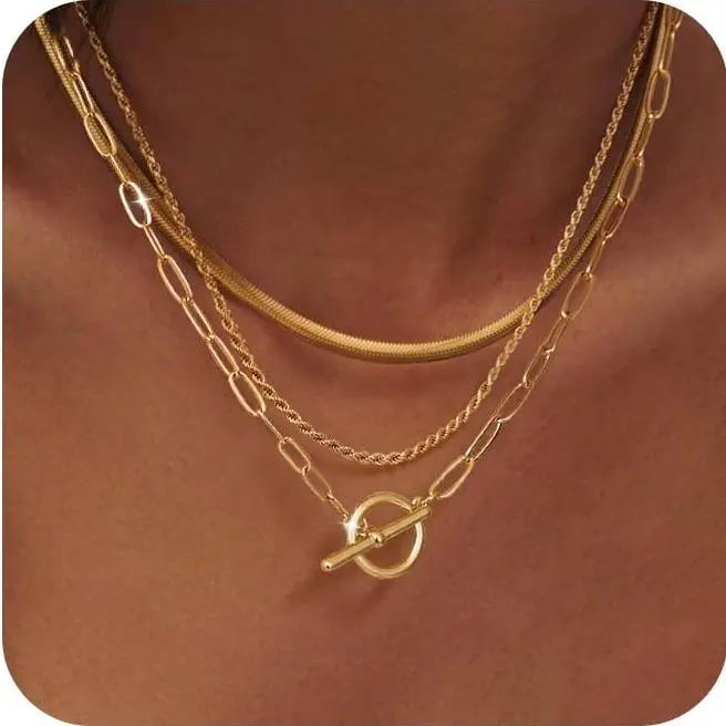 Women's Chunky Gold 3-Piece Jewelry Set - Paperclip Link, Cuban Link & Choker Necklaces, Layered Chains, T-Bar Toggle, 18.5 Inch Stackable Clavicle Chains, Jewelry for Women, Daily Wear, Valentine's Day Gift, Stylish Costume Accessory