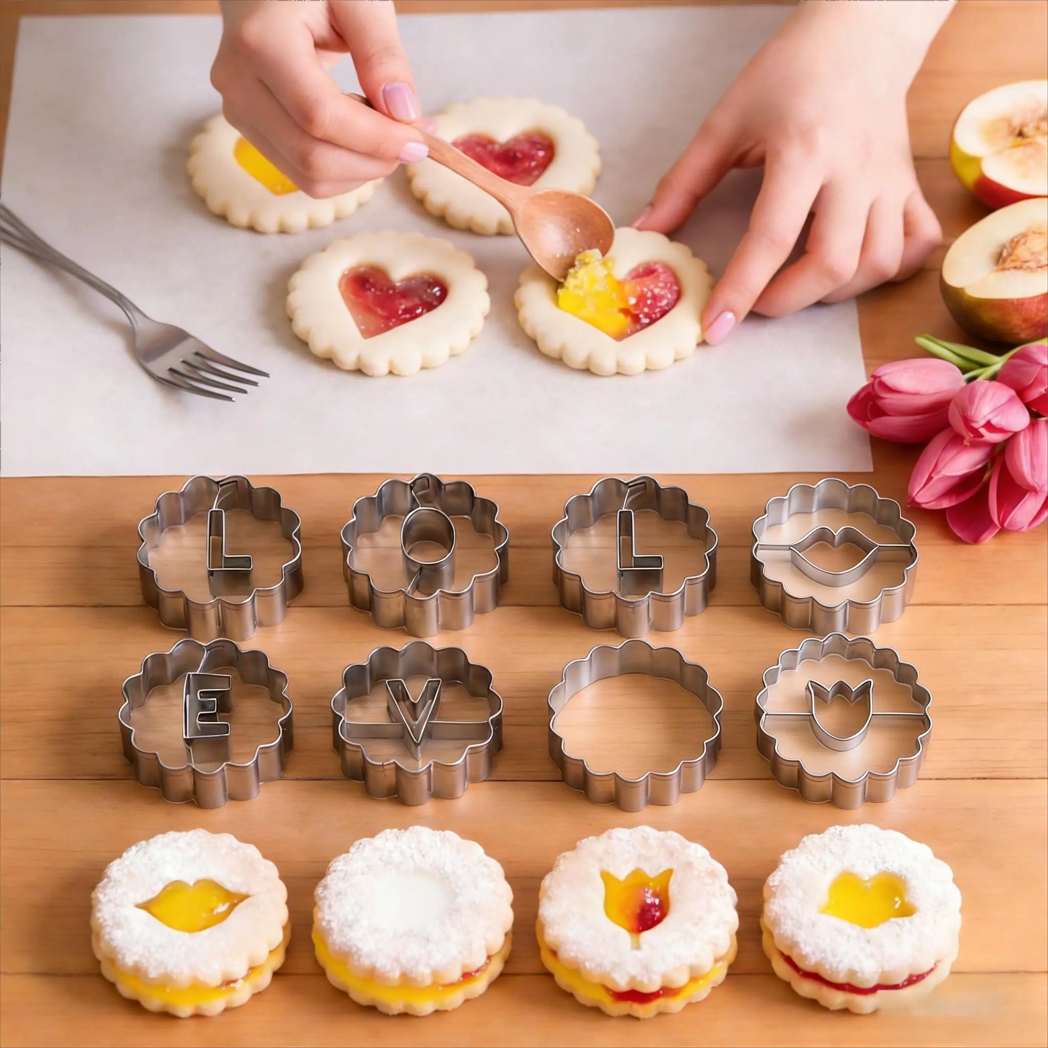Linzer Cookie Cutter Set, Stainless Steel Jam Biscuit Mold, For Christmas Holiday Baking DIY Gift Giving, Food Grade Durable Easy Clean, Baking Tools Baking Utensils Kitchen Gadget Christmas Gift, Holiday Cookie Cutters