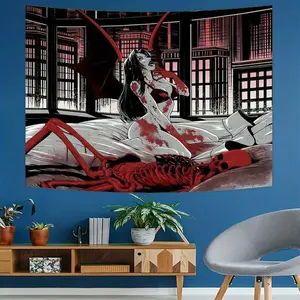 Vampire Gothic Horror Wall Tapestry - Decorative, Lightweight Linen House Decor - Spooky Skeleton & Bat Design - Durable, Washable, Colorfast Print Hanging Tapestry, 40x30 in