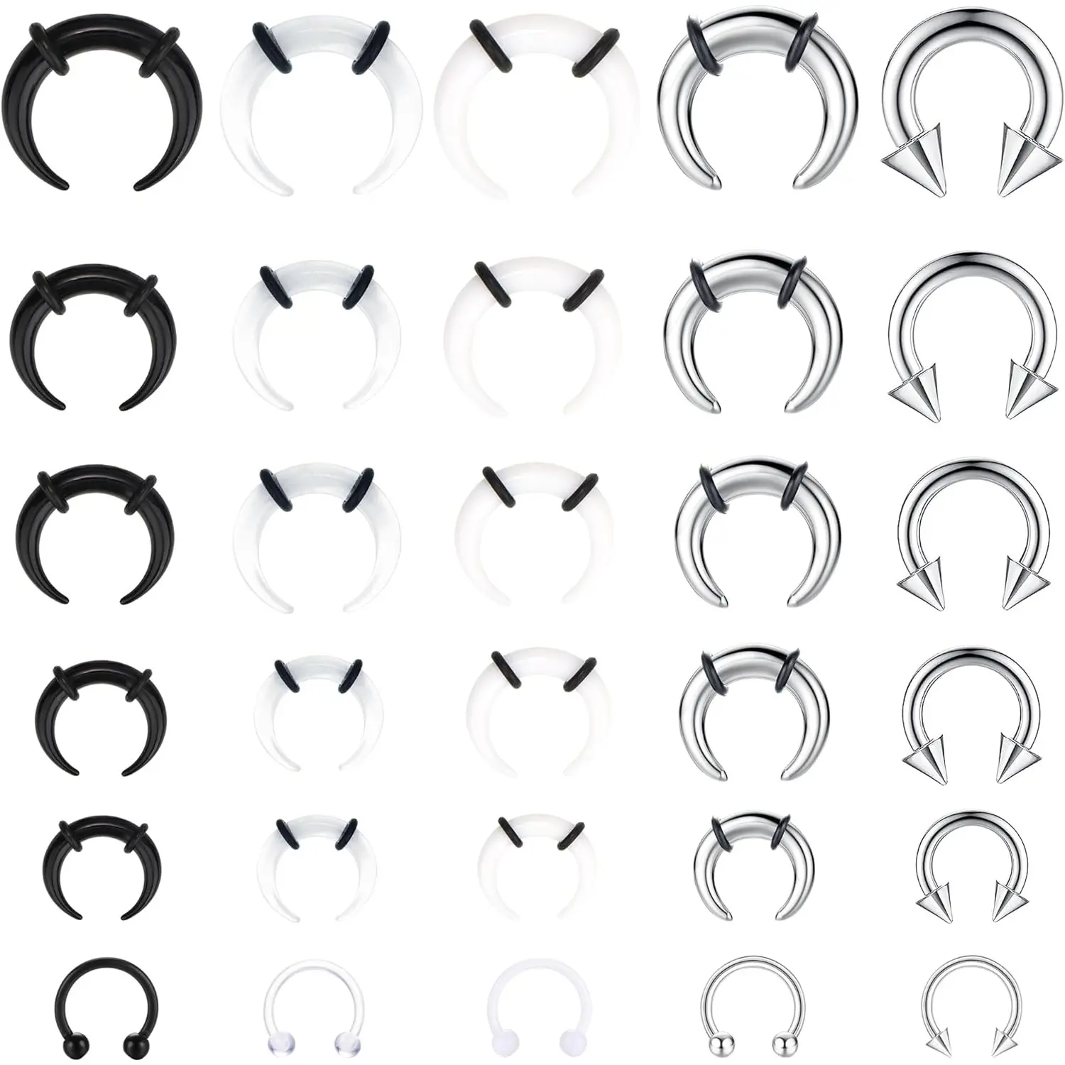 FIASASO 30Pcs Multi-Size Septum Stretching Kit - 16G-6G Acrylic, Stainless Steel Anti-Fade C-Shaped Septum Pincher Tapers, Horseshoe Rings for Female Daily Wear Nose Ear Cartilage Piercing Jewelry