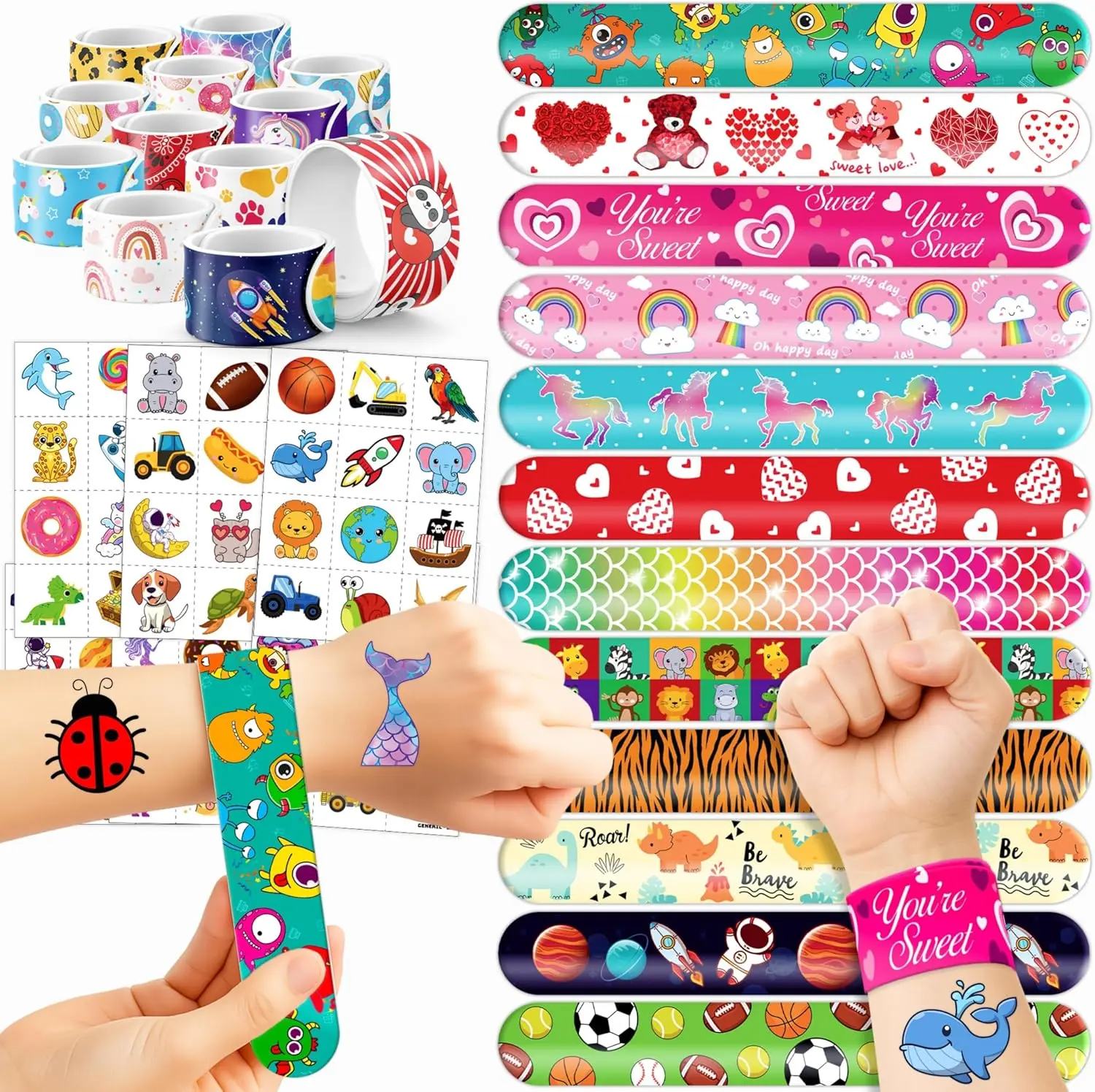 144PCS Party Favor Classroom Prizes For Kids - 72 Temporary Pre-Cut Tattoos & 72 Slap Bracelets – Fun Party Favors for Boys & Girls, Birthday Goodie Bag Fillers, Baby Shower Gifts, Classroom Rewards