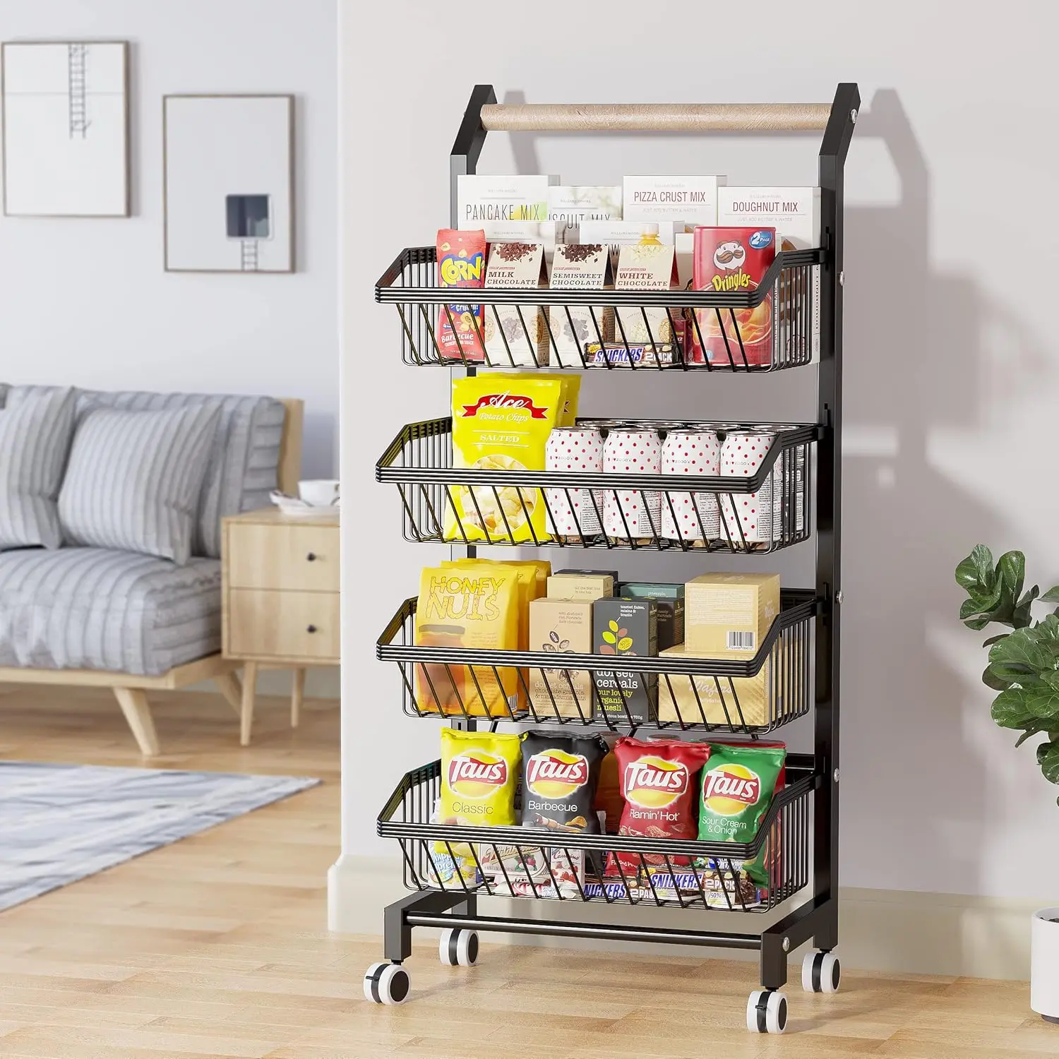 Kitchen Cart with Drawers, 4 Tier Metal Rolling Utility Cart Organizer on Lockable Wheels with Wooden Top, Black Fruit Vegetable Storage Rack Also for Cans, Snack, Craft, Art, Office, Beauty deskmakeover