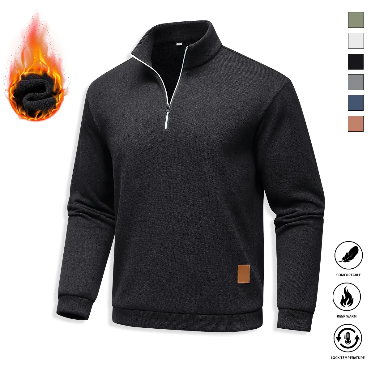 Men’s stand collar half-zip sweatshirt, fleece-lined for warmth, solid color, loose fit, suitable for outdoor fitness activities and casual wear; men’s sweatshirt, men’s long-sleeve top, menswear