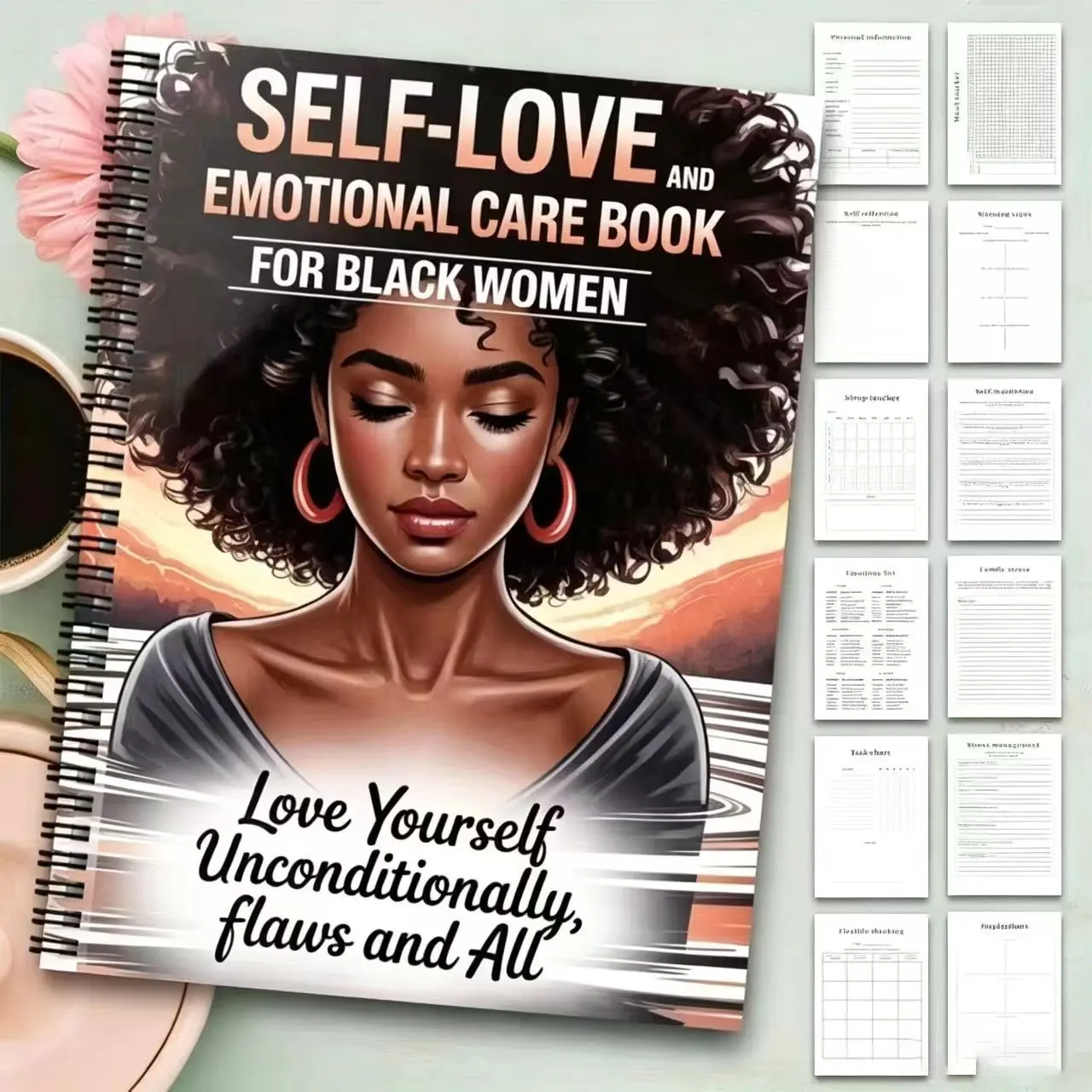 Women's Self-Love and Emotional Care Workbook, Mental Health Wellness Journal, Self Improvement Journal with Exercises, Daily Affirmations & Goal Setting, Elegant African American Cover Design for Black Women, Spiral-Bound Planner