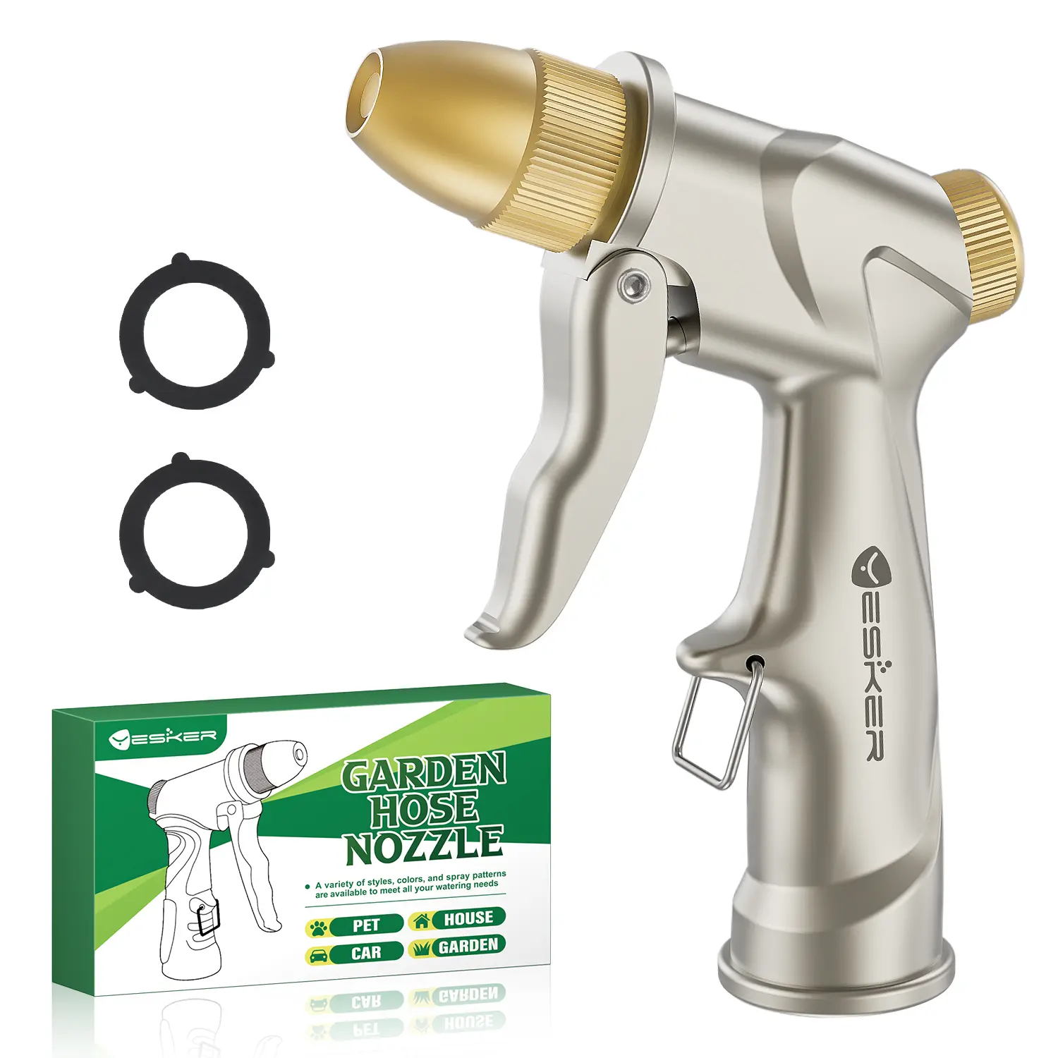 Yesker Garden Hose Nozzle, Water Hose Sprayer Nozzle Adjustable 4 Spray Patterns Heavy Duty Handheld 100% Metal Brass Water Nozzles for Hose Outdoor Watering Plants Lawns Garden Washing Cars Pets Home