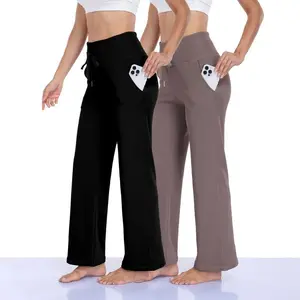 Women’s two-piece set featuring a high-waisted, wide-leg, pocketed casual pants; comfortable sports pants; elastic pants; yoga pants; outdoor casual pants GARMENTARY