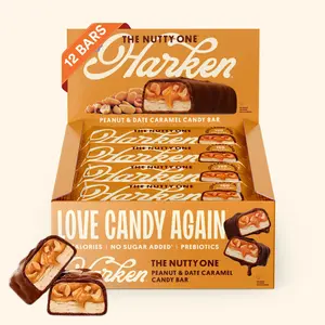 HARKEN, The Nutty One (12-Pack) – Fibermaxx Candy Bar, Oat Milk Chocolate, Peanut & Caramel Candy Bar, 14g Fiber, No Sugar Added, Made with Dates, 150 Calories per Bar, High Fiber Snack, Vegan, Plant-Based, Gluten Free, Fair-Trade Cocoa, Lower Cal Dessert