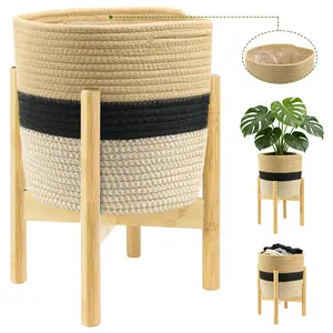10in Plant Basket with Stand, Indoor Woven Basket with Bamboo Wood Stand Round Boho Planter Pot Holder Rustic Baskets for Plants and Home Decor