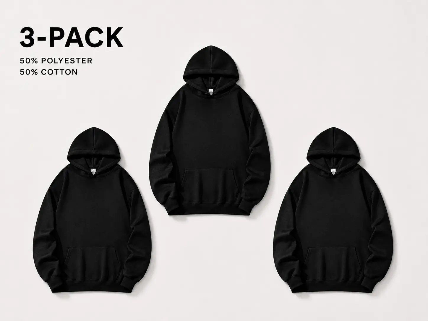 Men's 270G 3-Pack Cotton-Polyester Blend Pullover Hoodie Set, Multi-Color, Kangaroo Pocket, Drawstring Sweatshirt