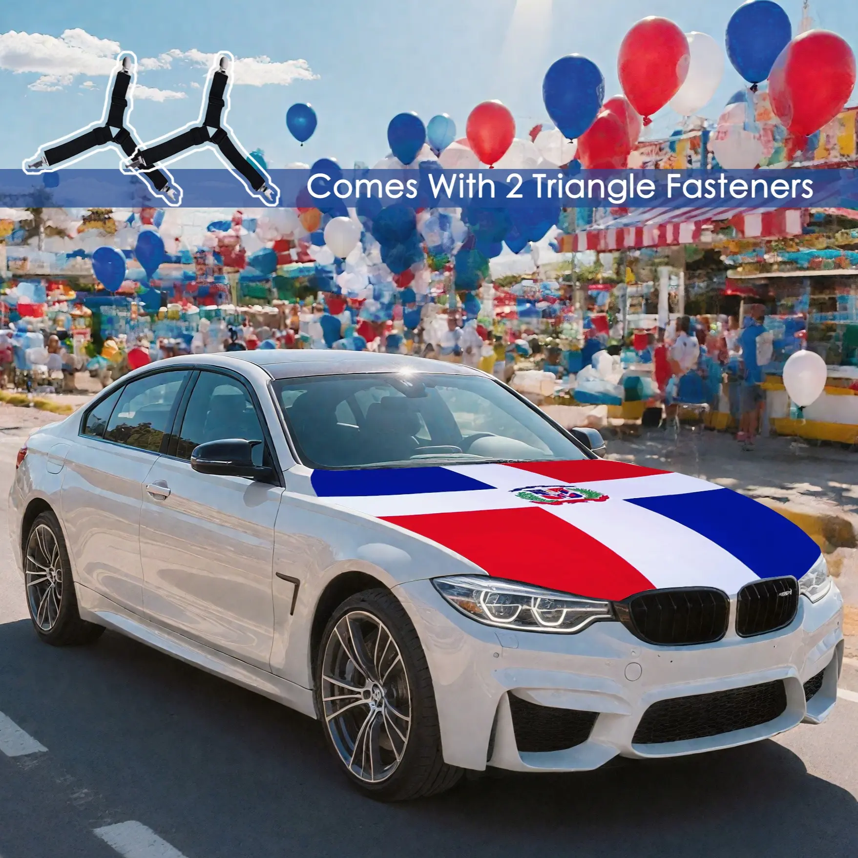 Limited Sale Dominican Republic Car Hood Decorative Banner - 5x4ft, Equipped with 2 Triangle Hooks & Fasteners, Bold Look Pride Accessory for Dominican Day Parade (Automotive Exterior Decoration)