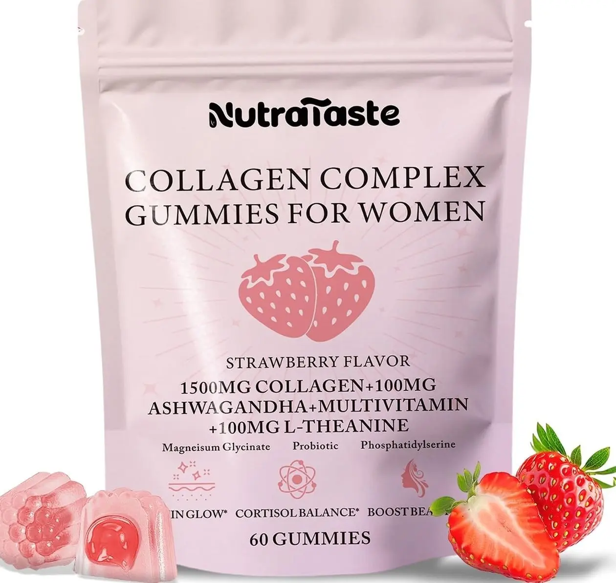 Collagen Gummies for Women | Biotin, Vitamins, Probiotics & Ashwagandha | Skin, Hair & Nails Supplement | Sugar Free, Non-GMO, Gluten Free | Strawberry Flavor - 30 servings