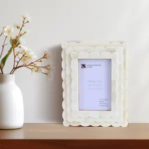 Handicraft Home Handmade Scalloped Picture Frame Bone Inlay White-4x6”