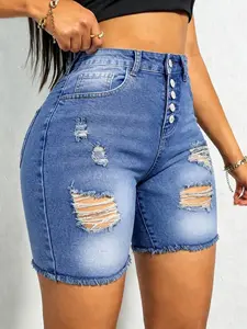 Summer Fashion Women's Chic Button Front Ripped Medium Wash Blue Denim Jeans Shorts, High Elastic Comfort, Fitted Not Tight, Durable Street Style Mid-Waist Five-Pocket Pants