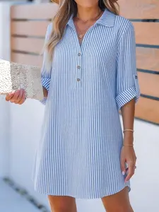 Women's Summer Beach Blue Striped V-Neck Loose Fit Casual Feminine Dress Pullover, Long Sleeve H-Type, Perfect for Vacation and Daily Wear