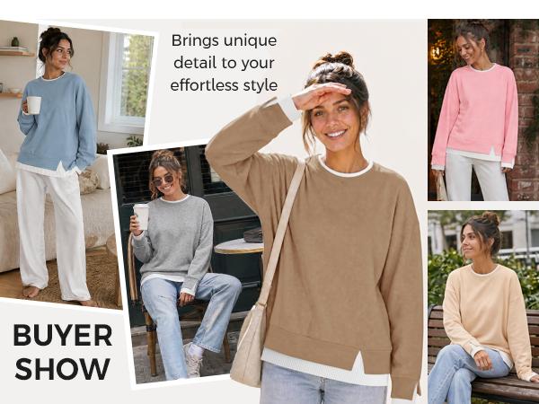 Fisoew Women's Fake Two Piece Layered Sweatshirt Air Layer Fabric Hoodie Crew Neck White Ribbed Cuff & Hem Patchwork Drop Shoulder Oversized Long Sleeve Pullover Top Hoodie Fit Casual,back to school,back to school shopping
