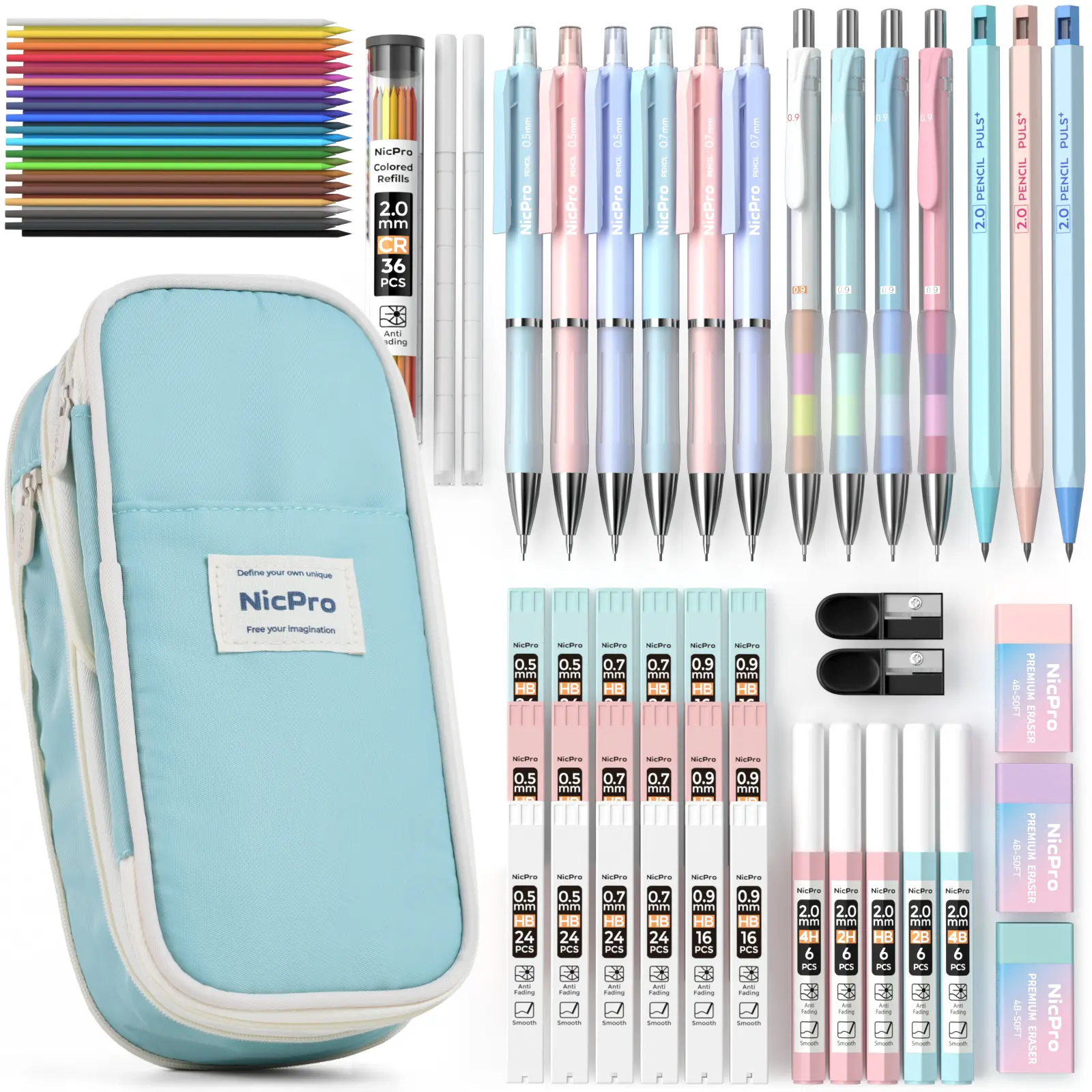 Nicpro 45PCS Aesthetic Mechanical Pencils School Bundle - Pastel Assorted Colors (0.5/0.7/0.9/2mm), Large-Capacity Pencil Pouch, 24 Lead Refills & Erasers, Learning Materials for Teens, Back to School Office Writing Stationery, Back To A School Shopping