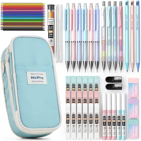 Nicpro 45PCS Aesthetic Assorted Pencils School Bundle - 3pcs 0.5 mm, 0.7/0.9/2.0 mm Sizes, Large-Capacity Pouch, 24 Lead Tubes, 3 Erasers, 2 Cap Eraser Refills, College Supplies, Study Supplies, Learning Materials for Teens
