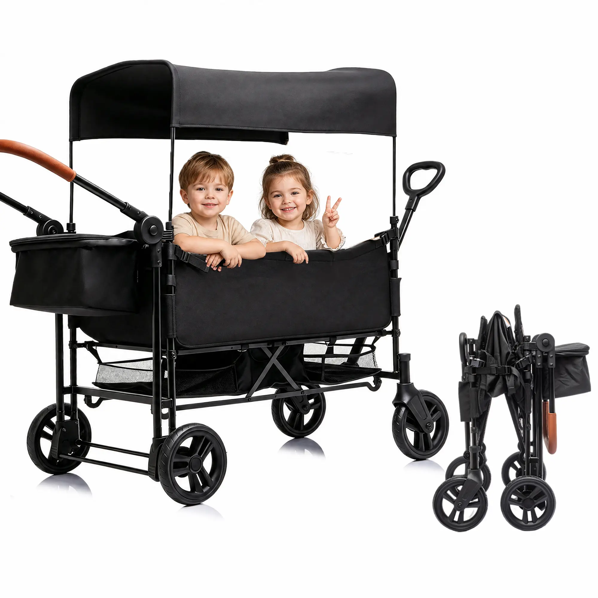 Wagon Stroller for 2 Kids,Adjustable Height Push/Pull Handle,Detachable and Movable canopy,8" All-Terrain PU Wheels,Foldable Lightweight Frame,97L Large Capacity for Daily Walks,Camping&Grocery Runs