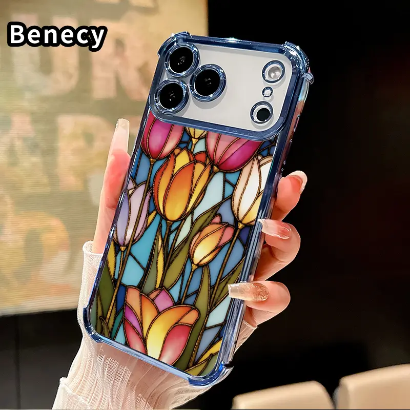 Mobile Phone Casing Accessories for iPhone 17 Pro Max,16,15 Plus,Air,14,13,12,11,E - Stained Glass Tulips Pattern,Electroplating Transparent Silicone,Shockproof Drop-proof Protection Cover, Smartphone