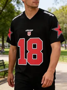 Chicago No. 18 American Football Jersey Mesh Breathable V-Neck Short Sleeve Sport T-Shirt, Loose-Fitting Print Style