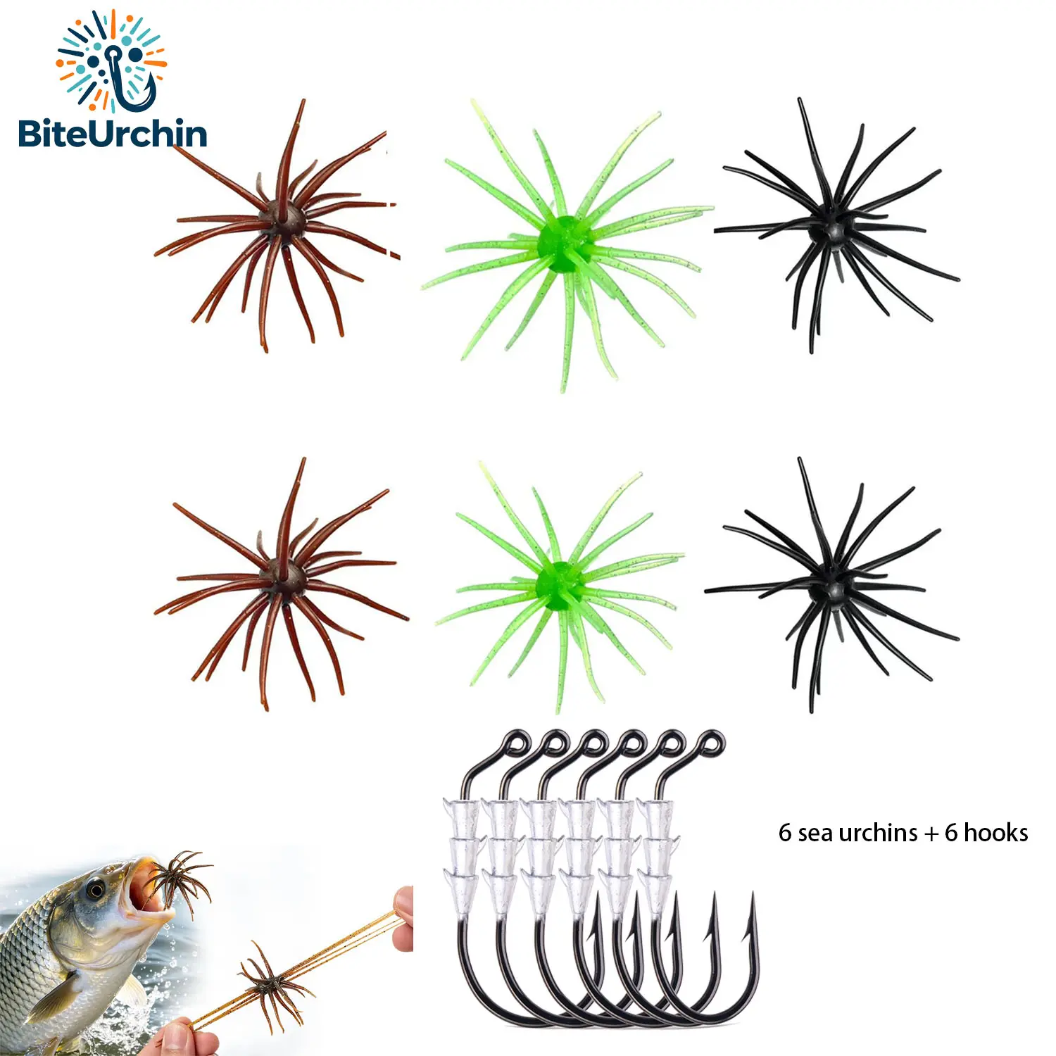 4.3in Tentacle Fishing Lure Soft Sea Urchin Lure Kit, 6Pcs Sea Urchin Bodies + 6 Jig Hooks DIY Spiky Bait Perfect for Drop Shot Rig & Various Freshwater Saltwater Fishing Rigs