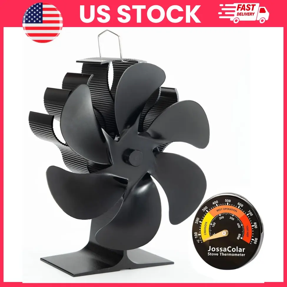 Heat Powered Stove Fan for Wood Burning Stove Non Electric Fireplace Fan Log Burner Fan with Thermometer Silent Aluminum Blade Heat Distribution Fan for Fireplace Accessories Air Circulation Home Heating Stove Top Fan Energy Saving Table Fan Black