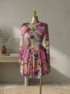 QFAF Women's Leaf Floral Print Round Neck Long Sleeve Wrap Front Swing A-line Midi Mini Dress, Fitted, Birthday Party Elegance Fashion Dress, Dressy Formal Evening Cocktail Dress, Beach Holiday Vacation Dress, Streetwear Night Out Dress