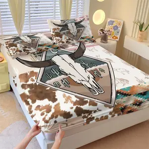 Western Cowboy Navajo Ethnic Fitted Sheet Set and 2 Pillowcases No Core, Bull Skull and Cowhide Fur, Navajo Geometric Totem, Soft Non-Slip Wrinkle Resistant, Free and Rugged Bedroom Decor Gift, In Stock
