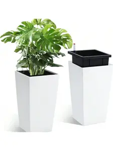 【Christmas Gift】White 16 InchesPlanters Set Of 2, Outdoor&Indoor Black Plante Pots, High Front Porch Planter Pots With Drainage Holes&Water Level Monitor&Inner Bucket, Automatic Watering