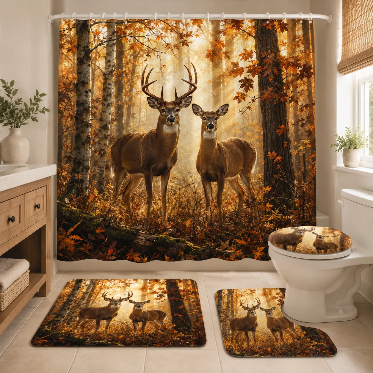 Creative Christmas Deer Scene Bathroom Set, Includes Shower Curtain, Toilet Seat Cover, Bath Mat, U-Shaped Pad, Home Decor Essentials, Bathroom Decor And Accessories, Bathroom Decoration Accessories, Shower Curtain Sets