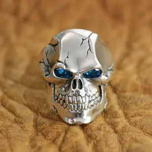 Solid 925 Silver Skull Ring with Blue CZ Eyes