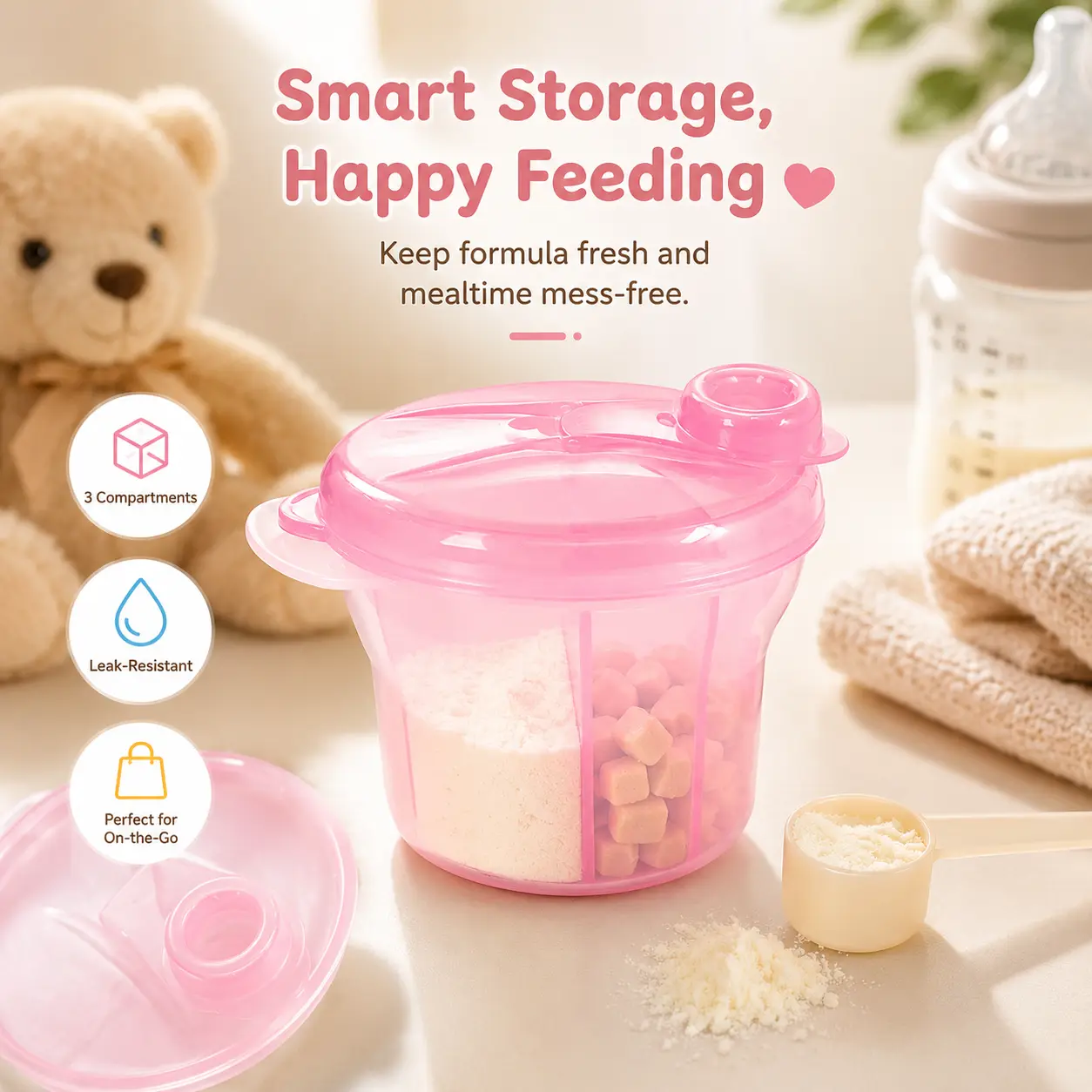 HOTMIR 3 Grid Portable Milk Powder Formula Dispenser – Leak-Proof Food Container, Infant Bean Storage Box for Kid Care & Travel Bottle Use