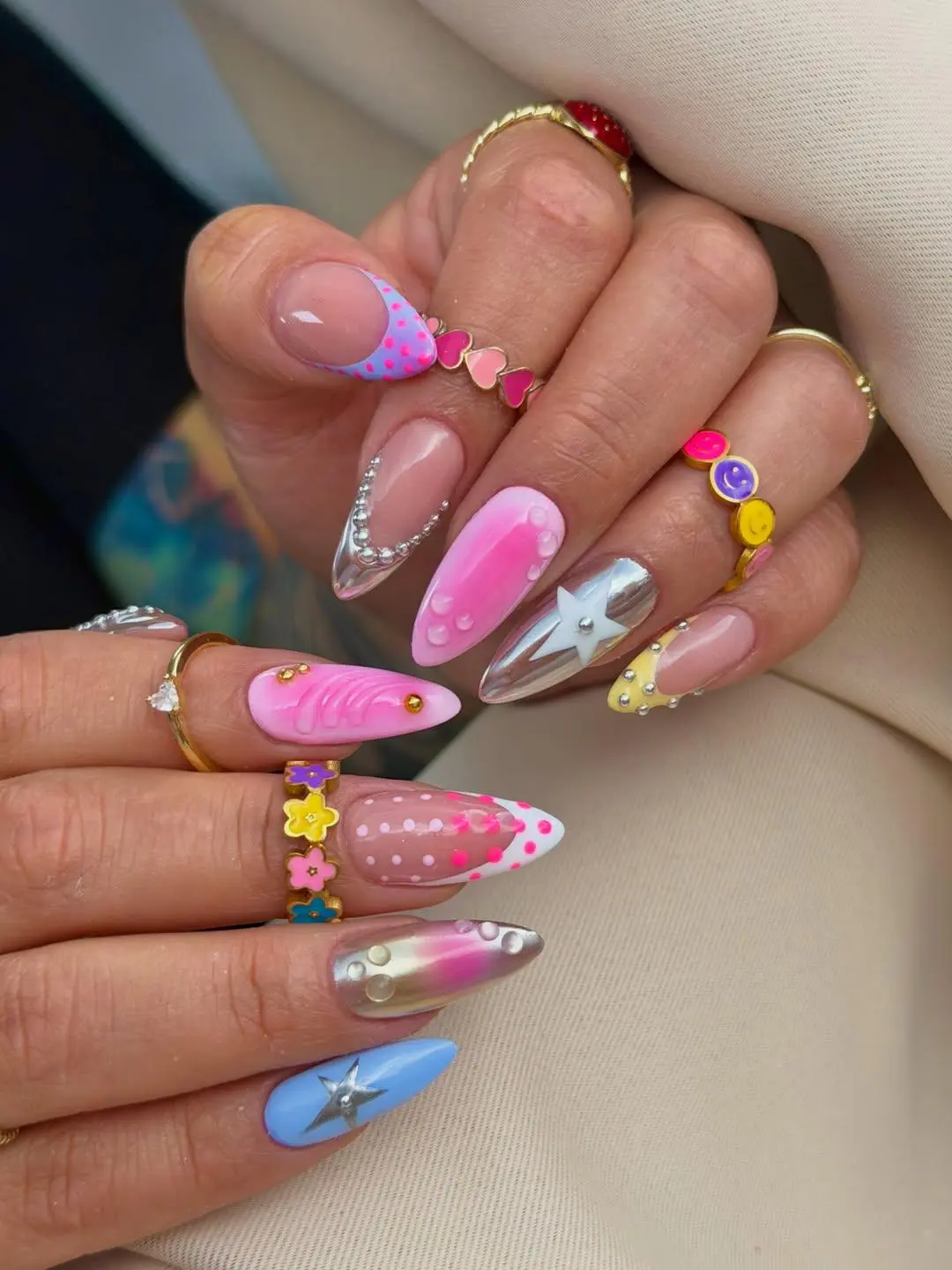 Colorful Mixed Design Press On Nails | Chrome Star Accent | Handmade Stiletto Nail Set