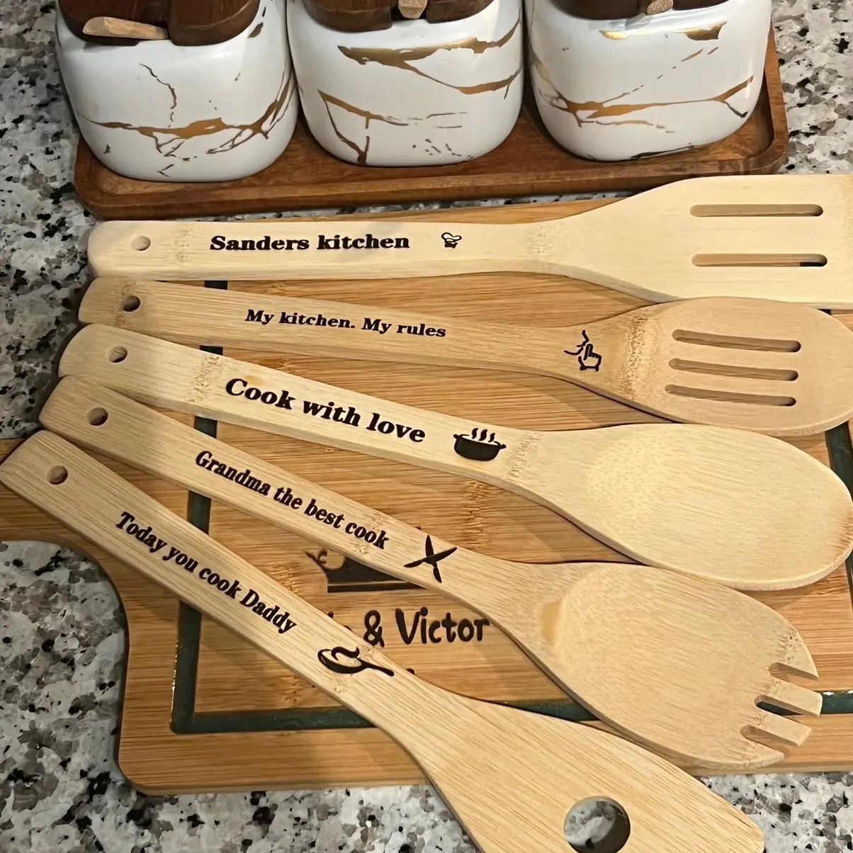 personalized wooden spoon set, laser engraved, personalized wooden utensil set