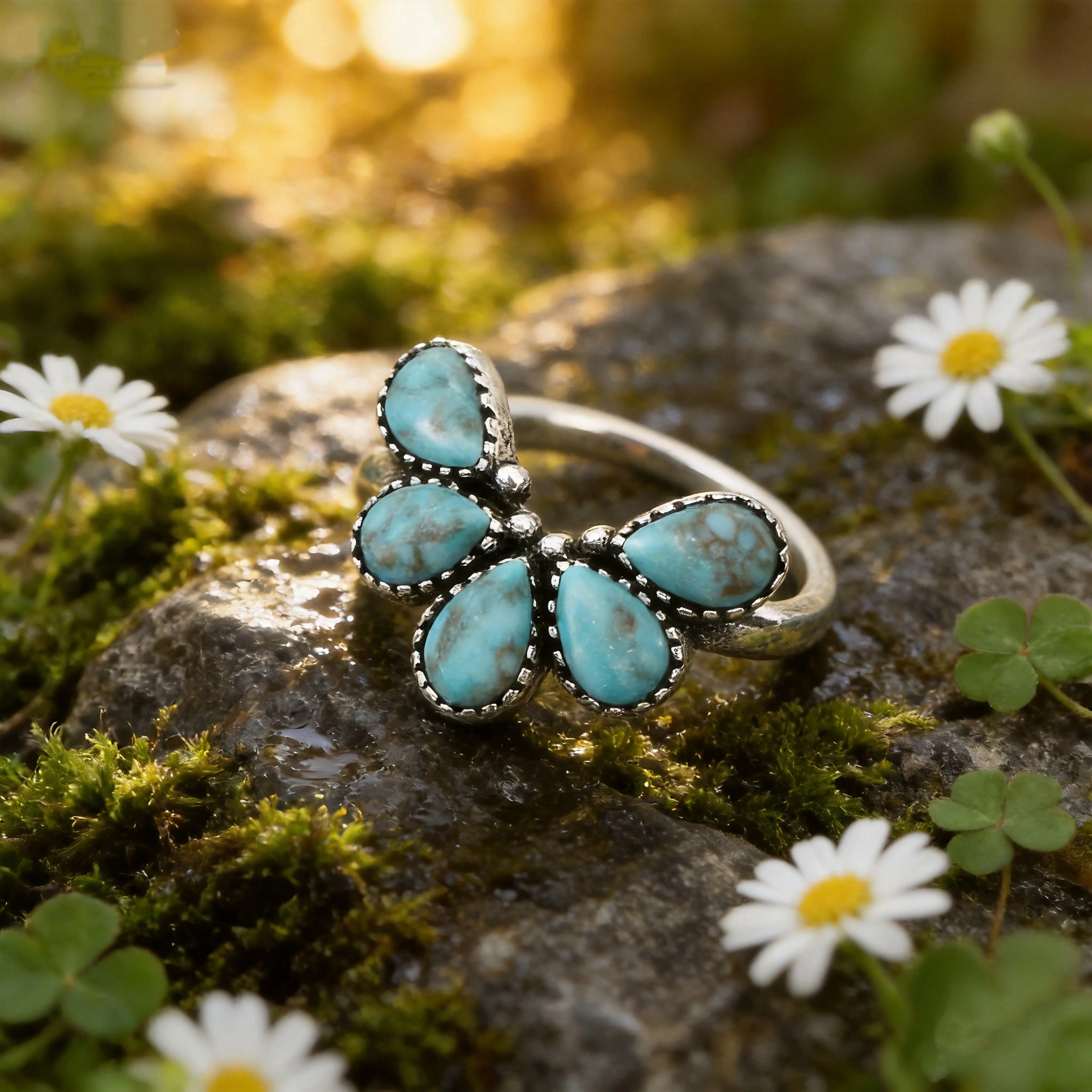A vintage Bohemian-style ring featuring a butterfly-shaped setting with five teardrop-shaped synthetic turquoise stones at its center. This American Western-style vintage butterfly ring makes a perfect gift for a friend.