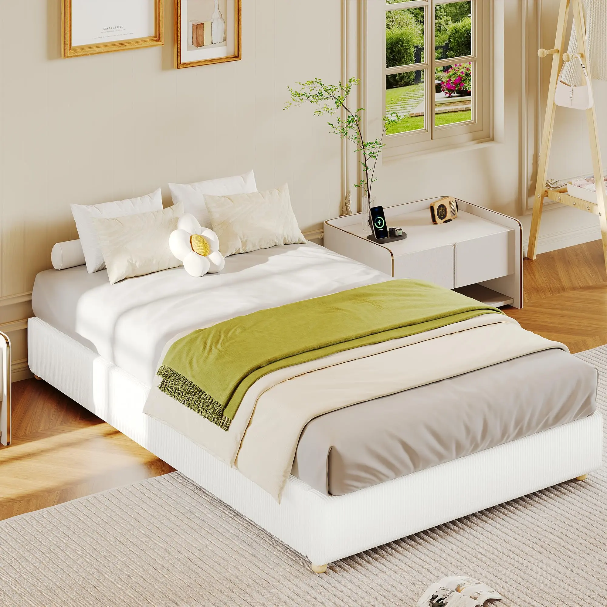 Garvee Twin Size Cloud Bed FrameCorduroy Low Bed Frame Without Headboard, Thick Fabric Upholstered Platform Bed, Solid Wood Legs, No Box Spring Needed, Never Squeak, Easy Assembly, White