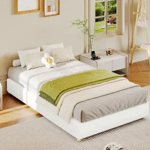 Garvee Twin Size Cloud Bed FrameCorduroy Low Bed Frame Without Headboard, Thick Fabric Upholstered Platform Bed, Solid Wood Legs, No Box Spring Needed, Never Squeak, Easy Assembly, White