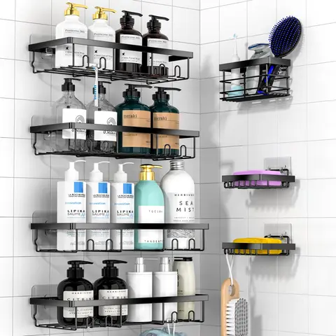 Shower Storage Rack, 7 Counts/set Metal Wall Mounted Shower Shelf, Punch-free Bathroom Storage Rack, Home Organizer for Bathroom, Kitchen, Bathroom Accessory, Bathroom Decor Supplies, Bathroom Accessories Organizer, Shower Organizers